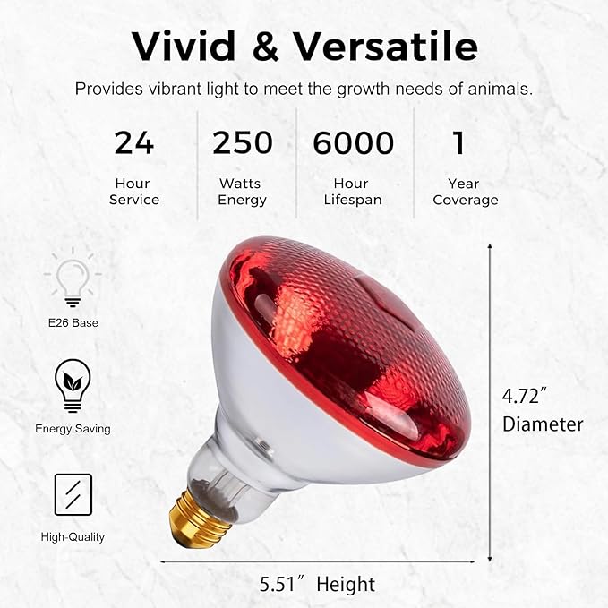 Infrared Heat Lamp for Chickens, 250 Watts Red Heat Lamp Bulb, Heat Light Bulb for Brooder Coop, Food Service, Chicks, Pet, Reptile, 1 Pack
