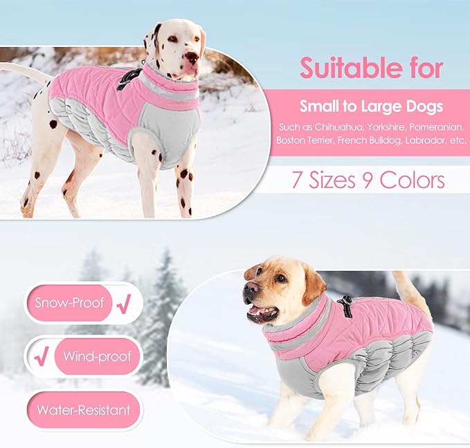 AOFITEE Dog Coat, Warm Dog Winter Coat for Large Dogs, Reflective Turtleneck Dogs Jacket with Harness Built in, Waterproof Windproof Pet Puffer Jacket Fleece Vest for Cold Weather, Pink XXXL