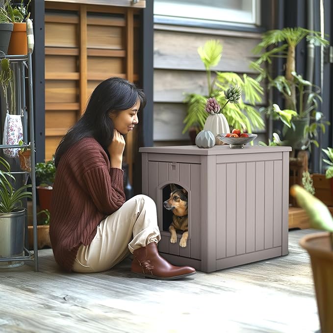 ROJIK Dog House Outdoor Waterproof,Resin Puppy Shelter Indoor with Flip Lid and Elevated Floor,Cat Duck Chicken Shelter, Portable and Easy Assembly(Grey)