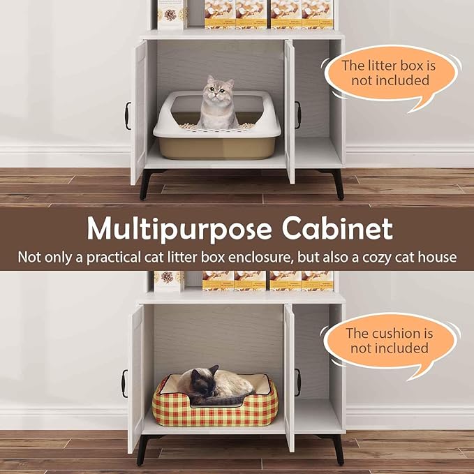 PETSITE Cat Litter Box Enclosure with Storage Shelf, 52 Inches Tall Modern Wooden Hidden Litter Box Furniture with Storage Shelving, Ideal for Indoor Cats (White)