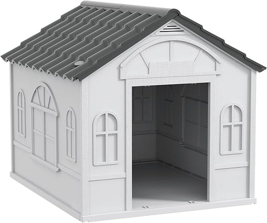 PawHut Plastic Dog House, Water Resistant Puppy Shelter Indoor Outdoor with Door, Easy to Assemble, for Medium and Small Dogs, Gray