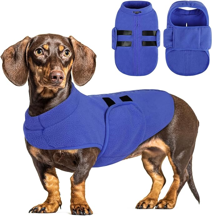 Queenmore Soft Fleece Dog Jacket, Warm Winter Coats with Leash Hole, Dachshund Sweaters for Small Dogs Cats Boy or Girl (Blue, L)