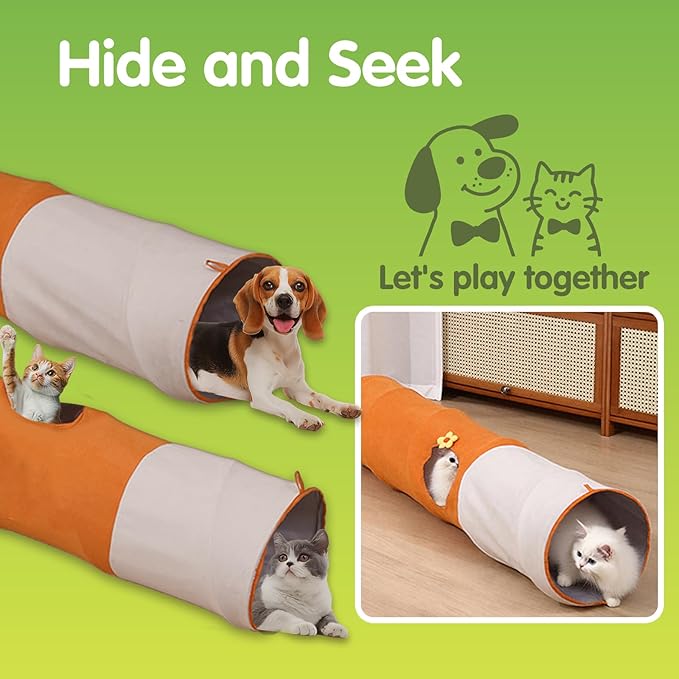 Cat Tunnels for Indoor Cats,Collapsible Crinkle Pet Toy with 3 Holes & Balls,9.8in x 37.5in/47.2in Orange Play Tube for Kittens,Rabbits,Guinea Pigs & Ferrets (9.84inx31.5in)