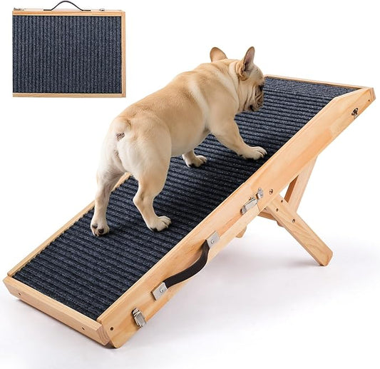 Wood Dog Ramp for Bed, 5-Level Adjustable Height (10" to 21") Pet Ramp with Non-Slip Surface for Couch, Bed and Car, Foldable Dog Stairs for Small, Medium to Large Dogs, Up to 200LBS