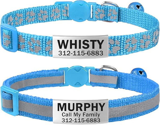 TagME 2 Pack Cat Collar with Name Tag, Personalized Reflective Cat Collar Breakaway with Bell for Boy & Girl Cats, SkyBlue