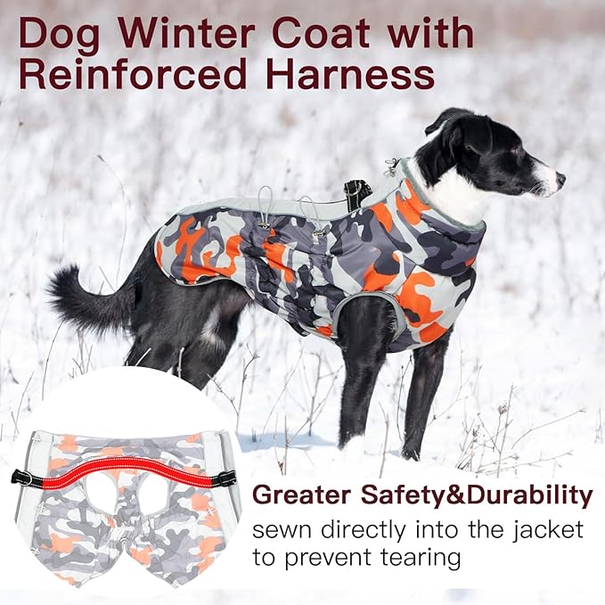 Dog Coat Dog Winter Jacke XX Large Warm Dog Coat Zip Up Snowsuit Dog Harness Vest Reflective Water-Resistant Dog Coat Dog Snow Jacket for Large Dogs Border Collie, Pit Bull, Orange-Camouflage