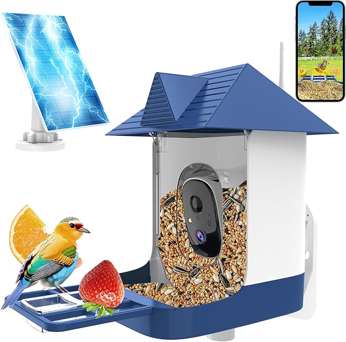Swingers Smart Bird Feeder with Camera, Solar Powered Bird Feeders for Outdoors, Weatherproof Birds Camera Featuring Permanent AI to Identify 10,000+ Wild Birds Species & Clear Video (1.2L, Blue)
