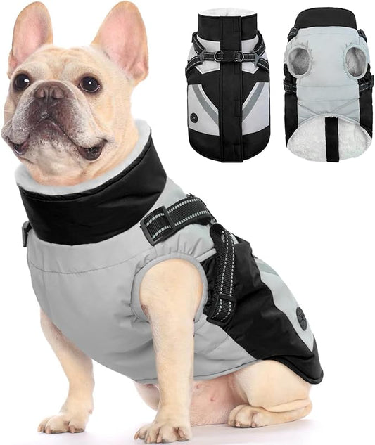 FUAMEY Dog Winter Jackets for Medium Dogs,Dog Coat with Harness Built in,Waterproof Dogs Snowsuits Warm Pet Jacket Zip Up Fleece Cold Weather Coats Reflective Puppy Vest with Pocket Black M