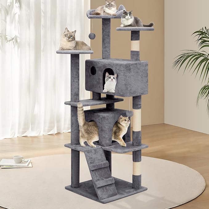 Athena Collection Modern Cat Tree Tower, 60 Inch Tall Cat Tree Climbing Tower with Scratching Post 2 Condo Multi-Level Activity Center and Playing Ball for Indoor Large Adult, Dark Grey