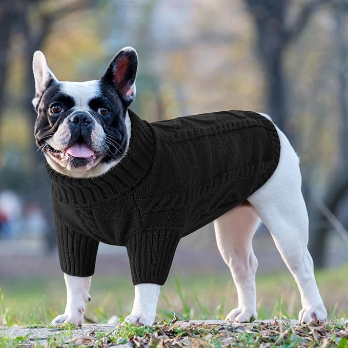 Queenmore Small Dog Pullover Sweater, Cold Weather Cable Knitwear, Classic Turtleneck Thick Warm Clothes for Chihuahua, Bulldog, Dachshund, Pug (Black, Medium)