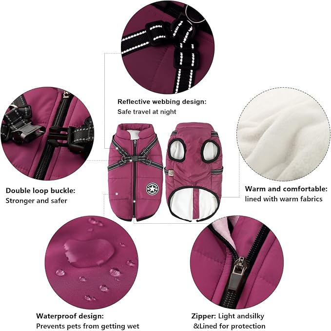 Aiboria Dog Jackets Coat for Winter Windproof Waterproof Skiing Dog Vest Fleece Warm Chest Strap Belt Purple L