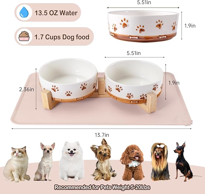 Dog Bowls with Wood Stand, 1.7 Cups Ceramic Puppy Bowls with Mat for Small Dog Weighted Water and Food Bowl Set for Dogs Cats, Non-Slip Pet Feeding Dish 13.5 Oz