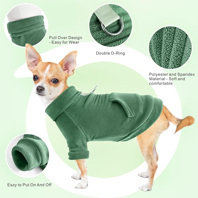 Idepet Fleece Dog Sweater 2 Pack, Winter Pet Clothes Turtleneck Sweatshirt Stretchy Small Dog & Cat Apparel with Leash Ring, Green, Dark Green, X-Small