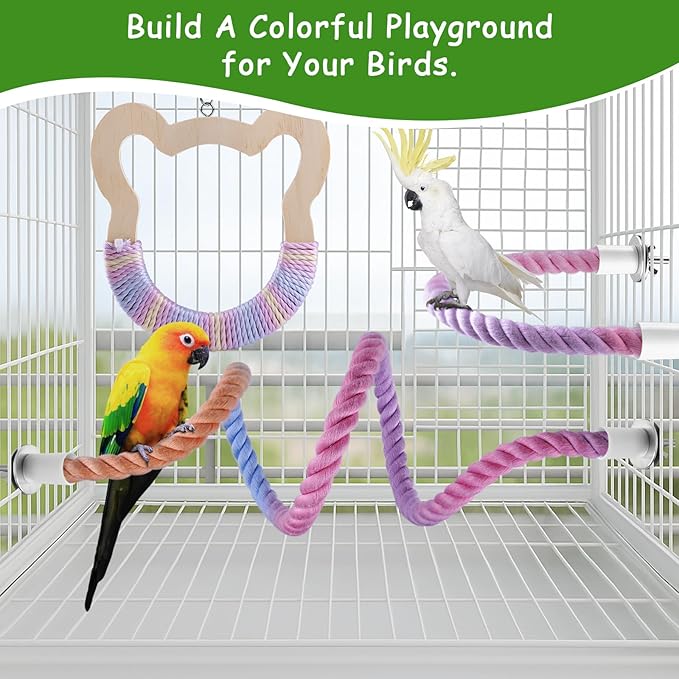 3 Pcs Gradient Bird Perching Rope Set, Bendable Bird Perching Rope for Parrot Cage, Gradient Wooden Birds Swing, Standing Climbing Toys for Parrots, Lovebirds, Budgies and Larks