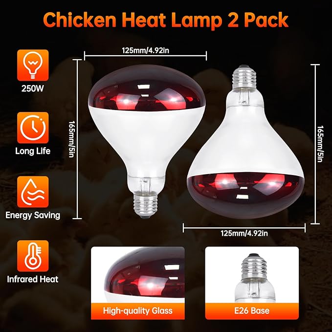 LUCKY HERP Heat Lamp for Chickens, 250 Watt Red Heat Lamp Bulbs, Infrared Heat Lamp for Chickens, Chicks, Reptile, Pets, Brooder Coop, Poultry (2 Pack)