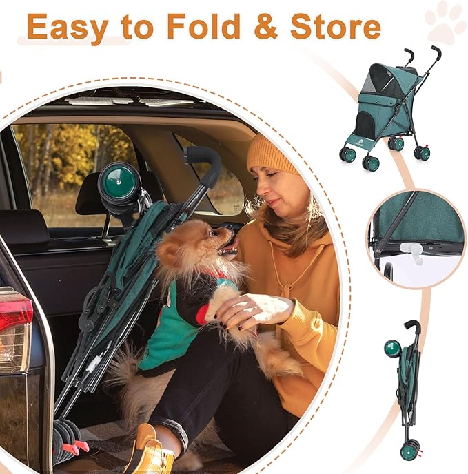 Umbrella Dog Stroller, 4 Wheels Pet Strolling, Foldable Carrier Pet Stroller for Small Dogs Cats, with Carrying Strap and Cup Holder, Dog Poop Bags & Dispenser, Up to 33 lbs, Dark Green