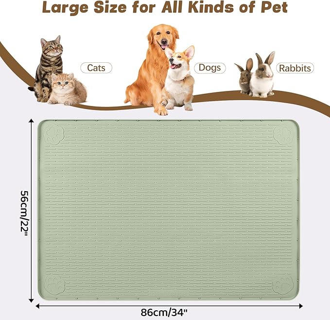 Cat Food Mat, 34" x 22" Large Silicone Pet Feeding Mat for Food and Water Bowls Non-Slip, Easy to Clean (Light Green)