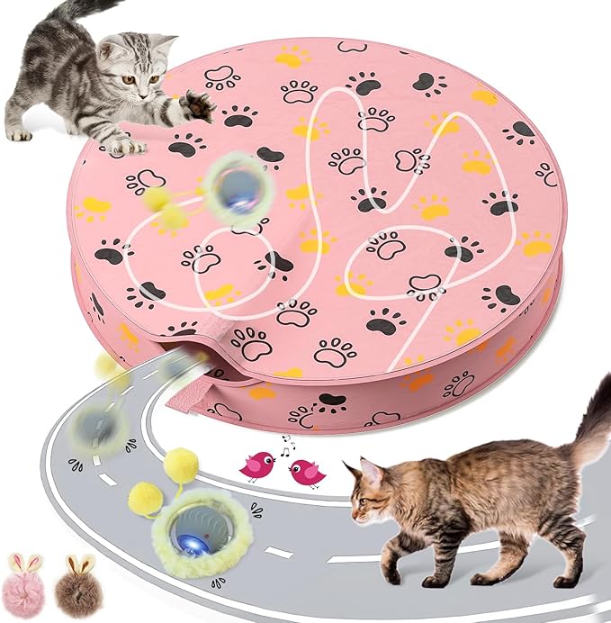 Interactive Cat Toys for Indoor Cats, Automatic Motion Cat Toy in Pouch Fast Rolling Ball in Play Mat Hide and Seek Mouse Catching Game with Chirping Stimulation,Led Light,Auto On/Off(Pink)