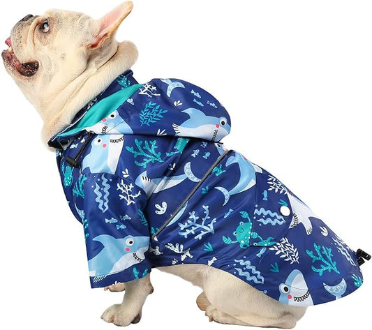 HDE Dog Raincoat Poncho Double Layer Zip Rain Jacket with Removable Hood, Leash Hole for Small to 3XL Dogs and Puppies Sharks - M