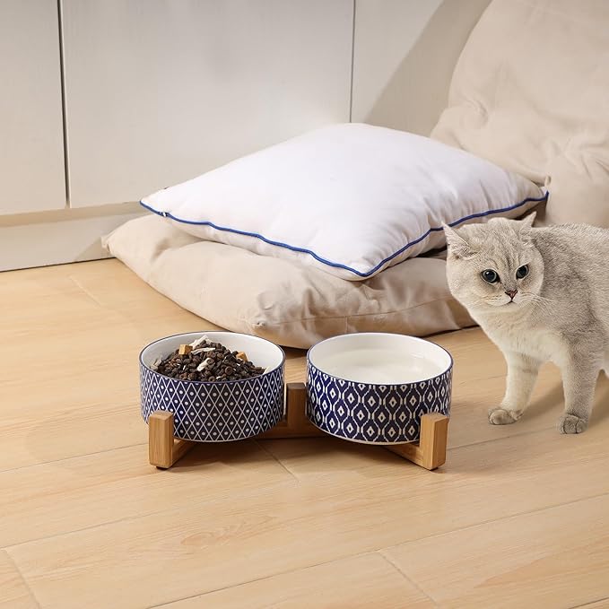Selamica Ceramic 30 OZ Dog Bowls, Dog Food and Water Bowls with Wooden Stand, Anti-Slip Dog Dishes Set for Cats Small & Medium Sized Dogs, Weighted Pet Bowls Set of 2, Vintage Blue A