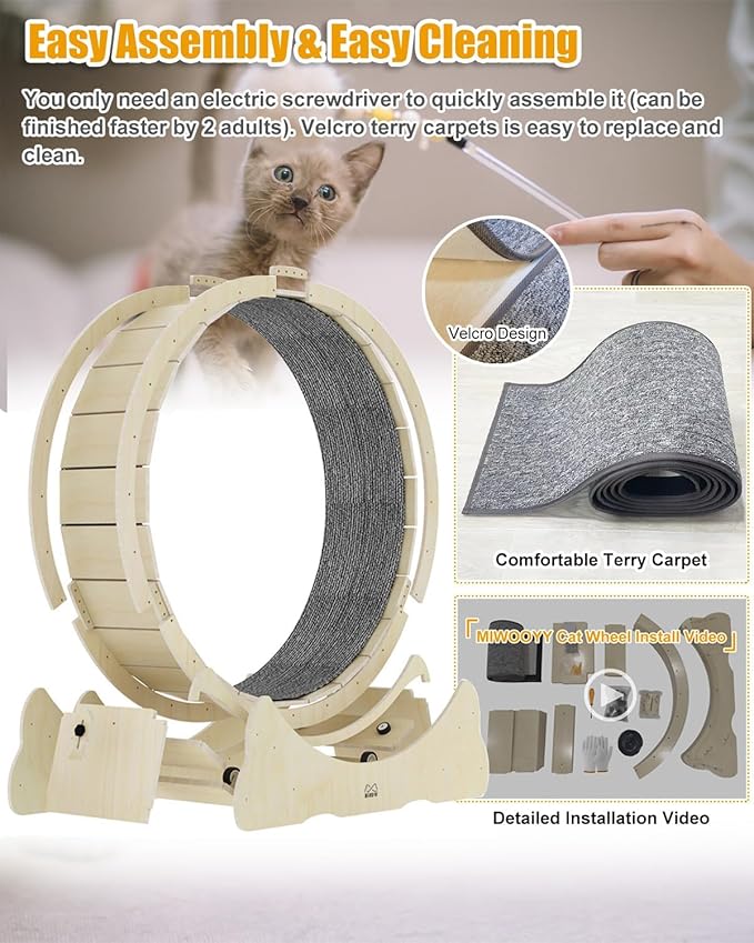 Large Cat Exercise Wheel 40 inch - Natural Solid Wood Cat Wheel Exerciser for Indoor Cats, Safety Cat Treadmill with Lock & Minimized Gapdesign