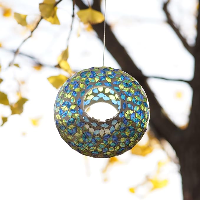 Topadorn Bird Feeder Fly Through Mosaic Round Stained-Glass Birdfeeder, Outdoor Hanging Wild Bird Feeder Squirrels-Proof for Garden Decoration Gift, Green & Blue Bird feeders, 9"