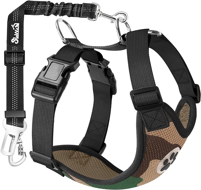 SlowTon Dog Seat Belt Harness for Car, Dog Car Harness Adjustable Mesh Breathable & Dog Seatbelt Safety Tether with Elastic Bungee for Small Medium Large Pets(Camouflage, Double Clip, XS)