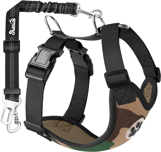 SlowTon Dog Seat Belt Harness for Car, Dog Car Harness Adjustable Mesh Breathable & Dog Seatbelt Safety Tether with Elastic Bungee for Small Medium Large Pets(Camouflage, Double Clip, XS)