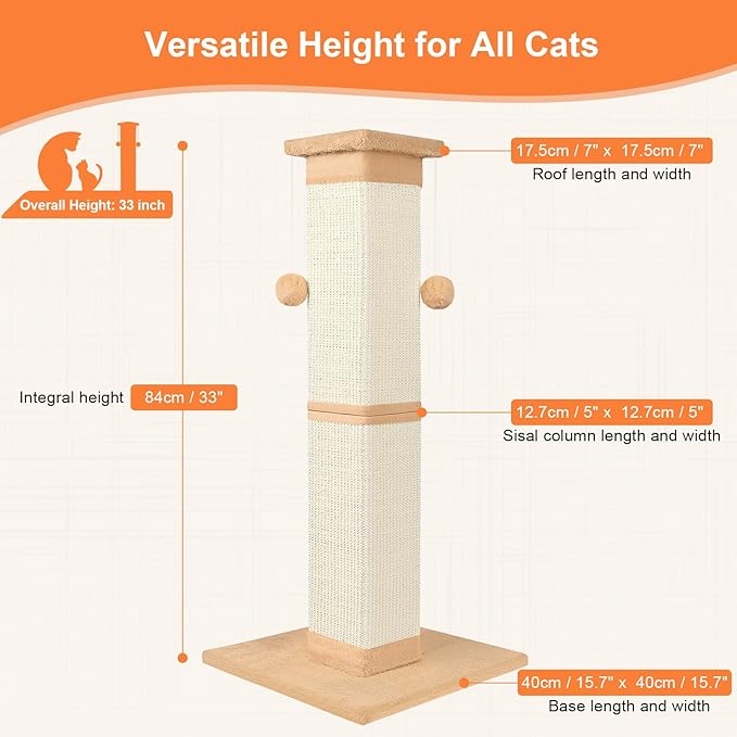 Cat Scratching Post 33 Inch Nature Sisal Cat Scratch Post for Indoor Cats, Large Cat Scratcher Protect Your Furniture Orange