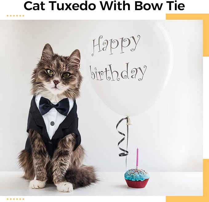 DENTRUN Cat Tuxedo Outfit, Sphynx Cat Costume Formal Suit with Bow Tie, Stylish Cat Shirt Fashion Apparel Fancy Clothes, Kitten Formal Attire Wedding Onesie Costume for Cats Only