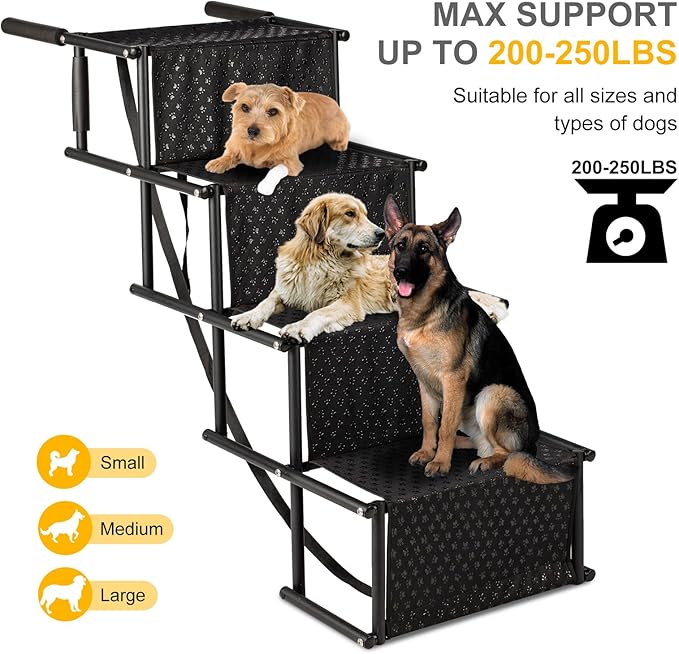 Dog Stairs for Car, Foldable Ramps for Large Dogs with Non-Slip Surface, Lightweight Aluminum, Portable Pet Steps for Trucks, Cars, SUVs, High Beds