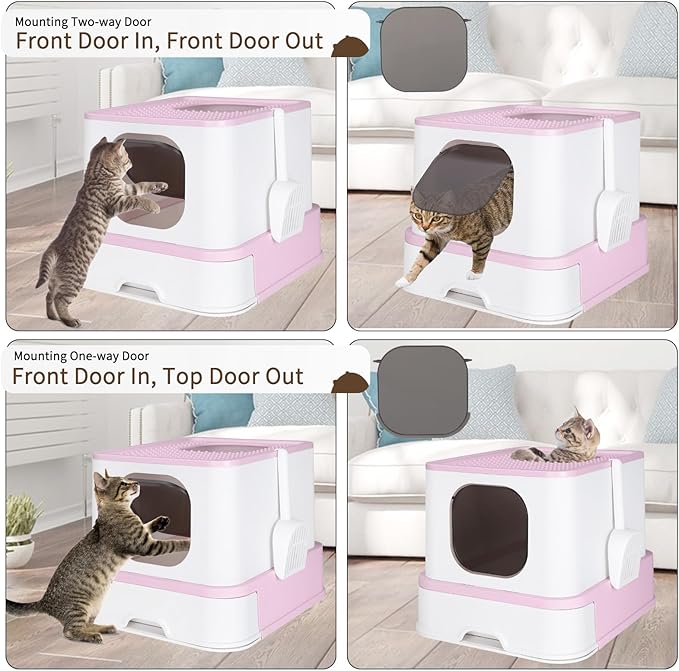 RIZZARI Foldable Cat Litter Box,Cat Box with Drawer, Large Capacity Litter Box with Lid, Top Opening Litter Pan for Small to Big Cats (Pink)