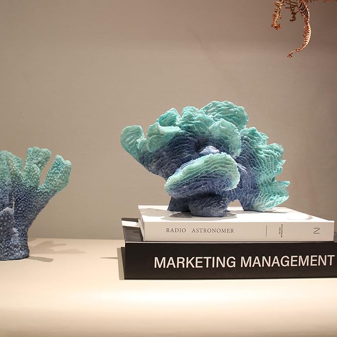 Blue Faux Coral Reef Statue - Resin Sea Coral Sculpture for Tabletop, Home, Living Room - Coastal Beach Decor