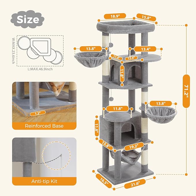 Tall Cat Tree for Indoor Cats Large Adult, 71.2" Multi-Level Cat Tower with 2 Spacious Condos, 3 Hammocks, Super Large Top Perch, 2 Pompoms, Grey