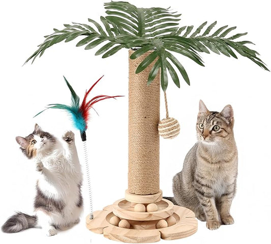 Palm Tree Cat Scratching Post Sisal Cat Scratch Pole with Hanging Ball,Wooden 2 Level Track,Interactive Toy for Indoor Small Kitten