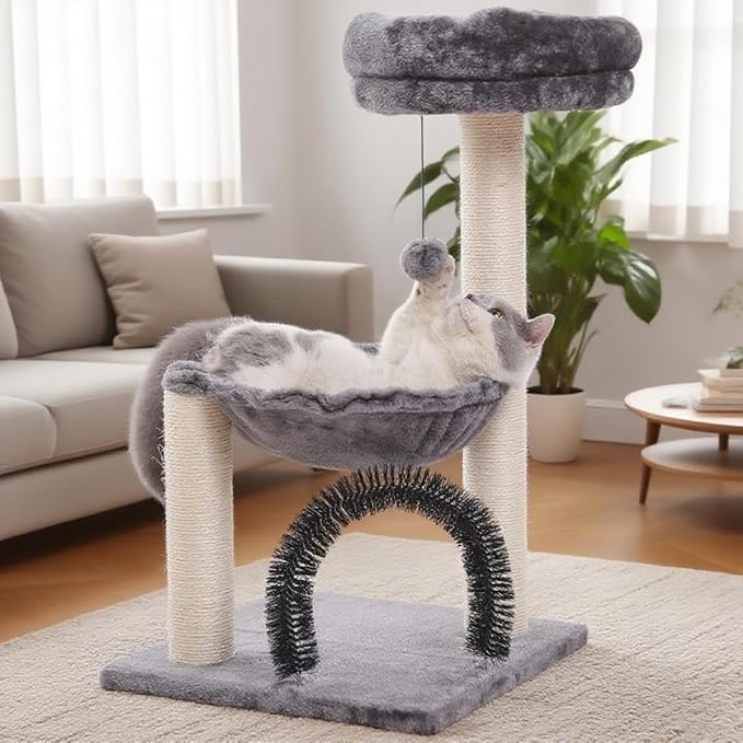 Simple Deluxe Small Cat Tree Tower for Indoor Cats, 5-in-1 27.8" Multi-Level Cat Tree with Scratching Posts, Plush Hammock, Perch, Self Groomer Brush, Dangling Ball for Kittens/Small Cats Play&Rest