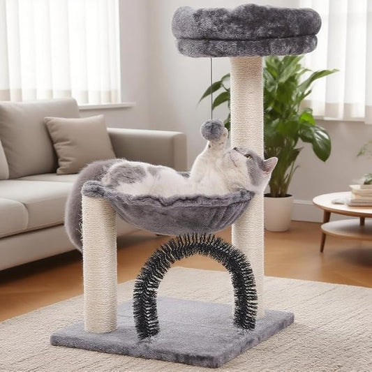 Simple Deluxe Small Cat Tree Tower for Indoor Cats, 5-in-1 27.8" Multi-Level Cat Tree with Scratching Posts, Plush Hammock, Perch, Self Groomer Brush, Dangling Ball for Kittens/Small Cats Play &Rest