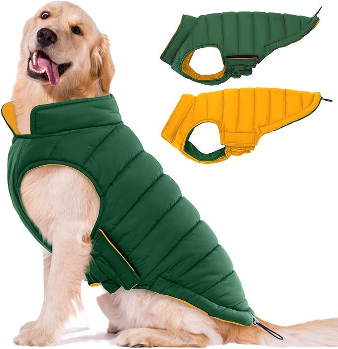 Lelepet Reversible Dog Coat Lightweight Warm Dog Jacket Padded Vest Windproof Cold Weather Coat Sonwsuit with Hook & Loop Leash Hole Coats for Large Dogs, Non-Shedding, Easy on/Off, Green, XXL