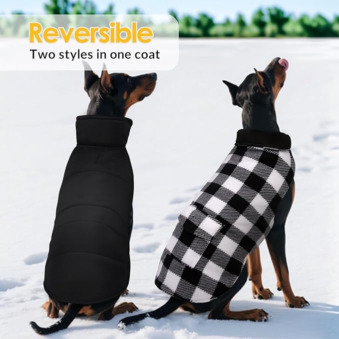 ASENKU Dog Winter Coat, Fleece Doggie Jacket Plaid Reversible Vest Waterproof Windproof Cold Weather Clothes for Small Medium Large Dogs (White, XL)