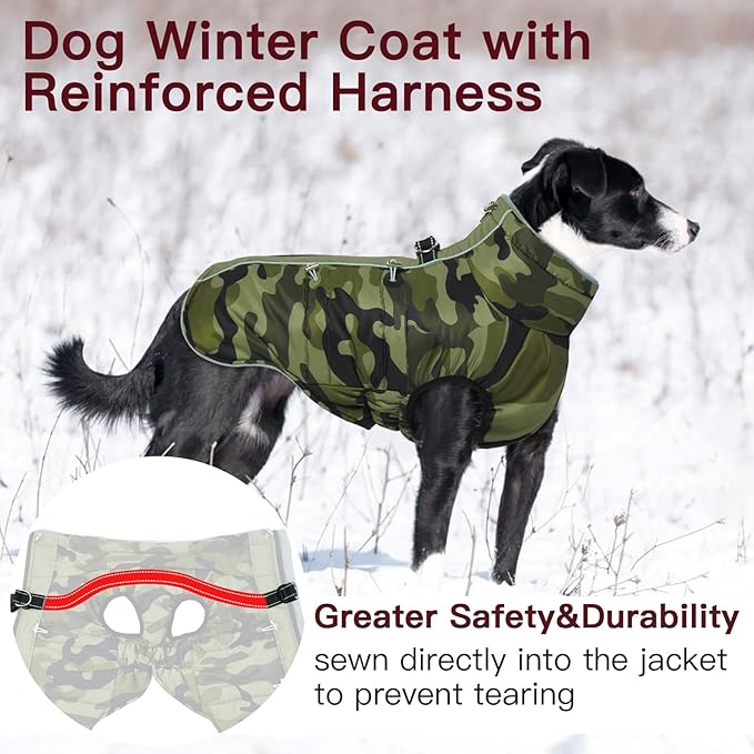 Dog Coat Winter Warm Dog Jackets for Large Dogs Reflective Snowsuit with Harness Fleece Dogs Snow Jacket Waterproof Pet Clothes for Cold Weather