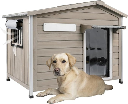 Outdoor Dog House with Chew-Proof Iron Frame, Wooden Dog Kennel Weatherproof，Removable Floor, Adjustable Vent Window, Easy Assembly for Large and Medium Dog 40.2" D x 26.4" W x 33.5" H
