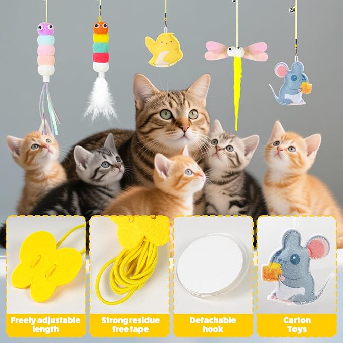 Cat Wand Toys, Adjustable Toys with Silvervine Sticks, Interactive Cat Feather Wand Toy for Indoor Cats, Elastic String Pole Toy with Bell & Feather (Extension Suspension)