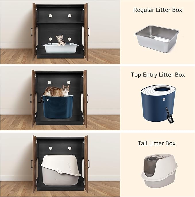 unipaws Cat Litter Box Enclosure with Shelves, Tall Hidden Litter Box Cover for Tall or Top Entry Litter Box, Kitty Enclosed Litter Box Cabinet, Cat Box Furniture, Walnut