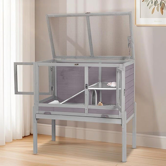 Wooden Guinea Pig Cages Indoor,Two-Story Wooden Rabbit Cage Hutch with Removable Stand and Pull Out Tray, Small Animals Cage Habitat with Ramp and Plastic Mesh(Grey&Purple)