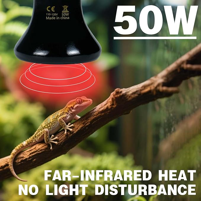 50W Reptile Heat Lamp(2-Pack) Ceramic Heat Emitter- Non-Light Emitting, 24/7 Safe Heating for Terrariums, Brooders & Incubators-Turtle Lizard Bearded Dragon Snake Small Pets E26