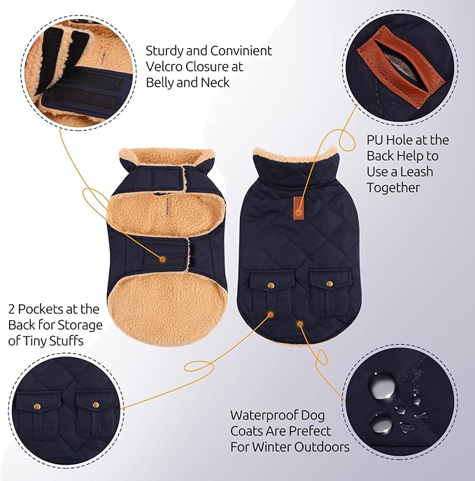 Queenmore Warm Puffer Dog Jacket, Quilting Winter Coat Ultra Thick Plush Lining with Storage Pockets (Dark Navy, X-Small)