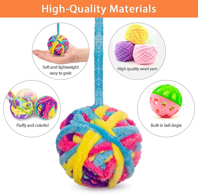 Retro Shaw Cat Toys Balls, 6Pcs Yarn Cat Ball with Bell Inside, Interactive Kitten Toys for Indoor Cats Kitty Chew Playing, Colorful Soft Fuzzy Jingle Kitten Ball with String
