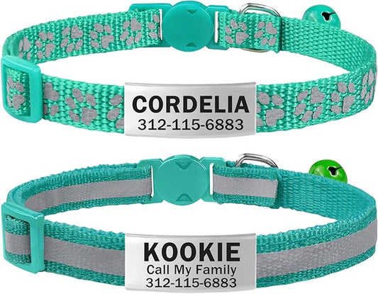 TagME 2 Pack Cat Collar with Name Tag, Personalized Reflective Cat Collar Breakaway with Bell for Boy & Girl Kitten, Turquoise