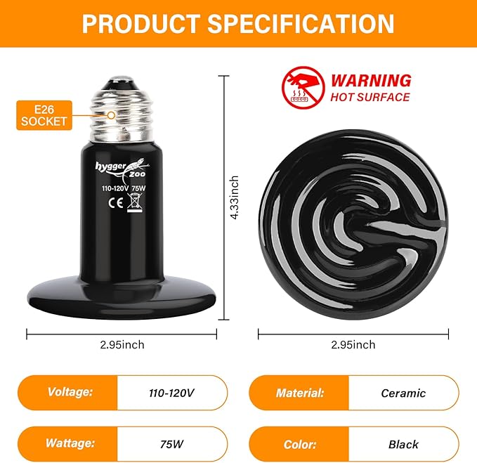 2 Pack 75W Reptile Heat Lamp Bulb Ceramic Heat Emitter for Reptiles,Chicken, Dog, Cat,Pet Brooder Coop No Light Emitting Heat Lamp for Amphibian Pet Bearded Dragon Turtle Snake, Lizard