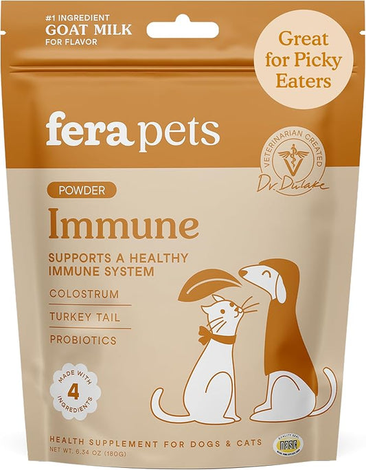 Fera Pet Organics Immune Goat Milk, Cat & Dog – Vet Created - Pet Allergy & Immunity Aid – Probiotic - Colostrum & Turkey Tail Mushroom-60 Servings